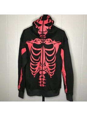 Y2K AOP Skeleton Grunge Skate Full Face hoodie zip up sz MD